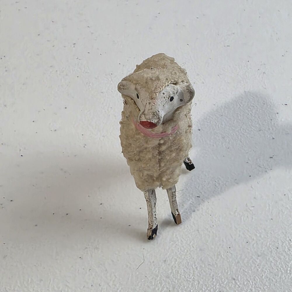 Antique German Putz Stick Leg Sheep 2 1/8" Pink Collar Matchstick Wood Germany - Picture 3 of 7